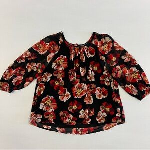 Floral Peasant Blouse - Black with Red Floral Print